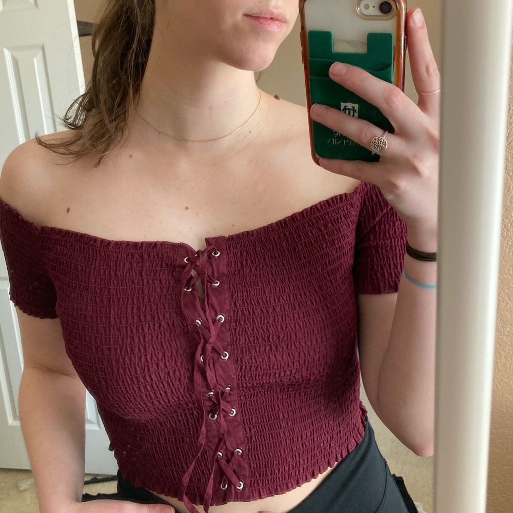 Ambiance off the shoulder, lace-up, dark plum top
